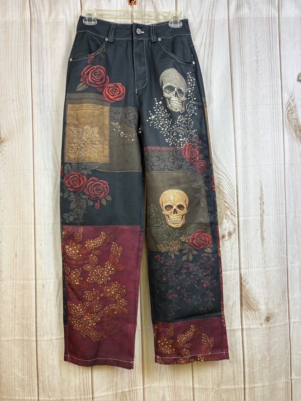 Unisex Skull Floral Pants Halloween Grunge Streetwear Y2k Baggy Trousers Small